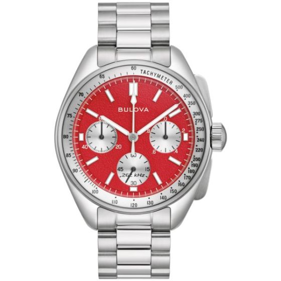 Men's Lunar Pilot Chronograph Stainless Steel Watch w/ Leather Strap Red Dial