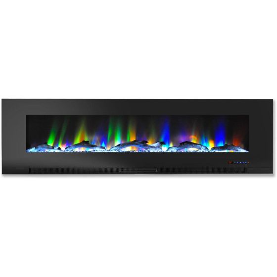 60 In. Wall-Mount Electric Fireplace in Black with Multi-Color Flames and Driftwood Log Display