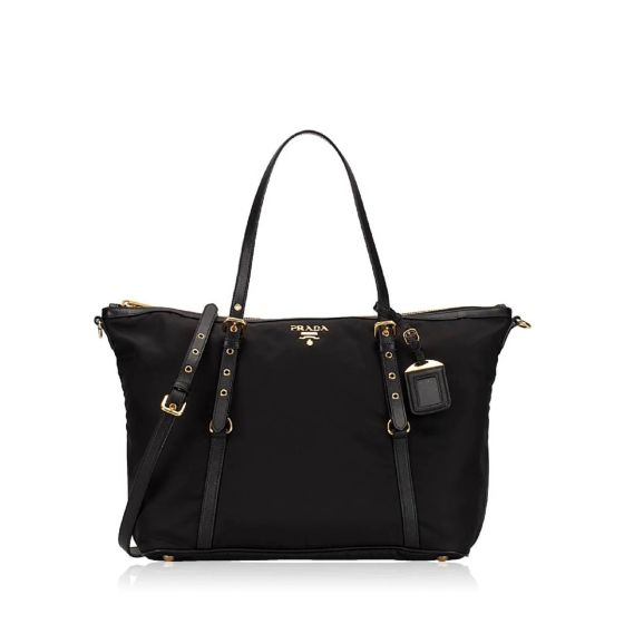 Prada Tessuto Nylon Saffiano Leather Black Top Zip Tote Bag
