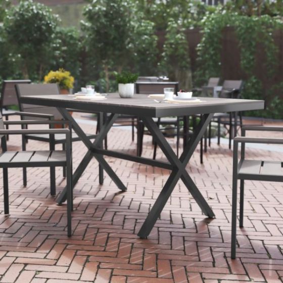Commercial 59 x 35.5 Cross Frame Faux Teak Outdoor Patio Table - Natural/Gray