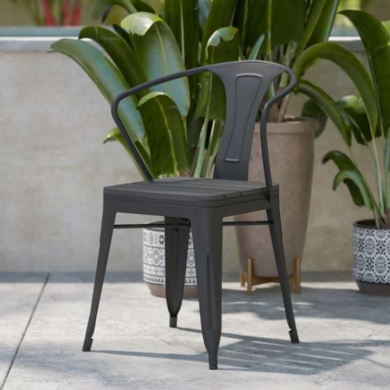 All-Weather Black Vertical Slat Back Patio Chair with Poly Resin Seat-2 Pack