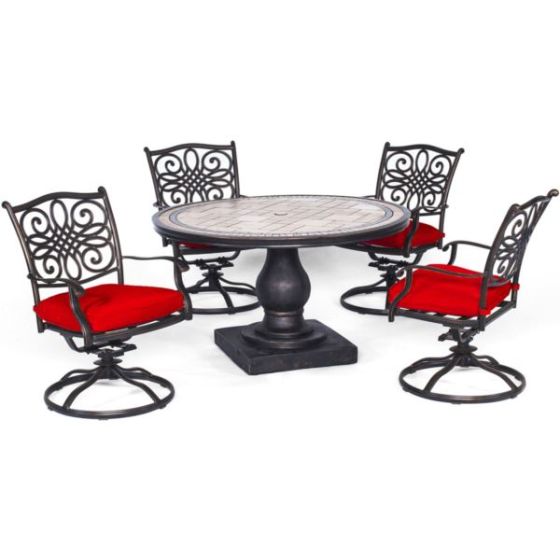 Monaco 5-Piece Dining Set in Red with Four Swivel Rockers and a 51 In. Tile-Top Table