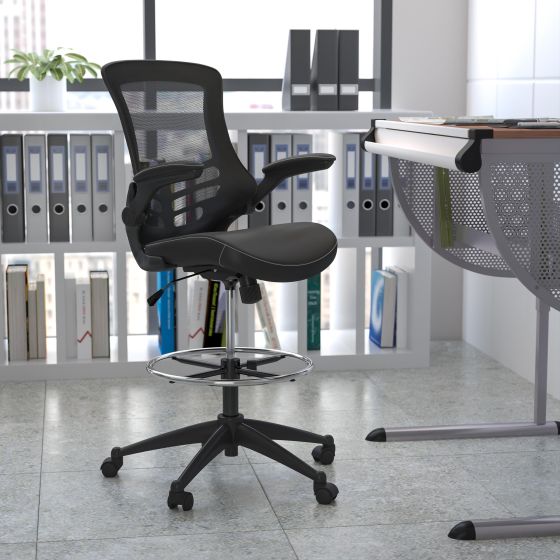 Mid-Back Black Mesh Ergonomic Drafting Chair with Foot Ring and Flip-Up Arms