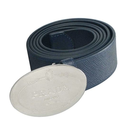 Prada Mens Navy Saffiano Leather Belt Silver Oval Buckle Belt Size 90/36