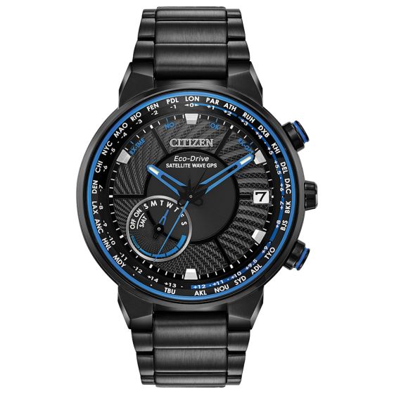 Men's Eco-Drive Satellite Wave GPS Watch, Black Stainless Steel with Blue Accents