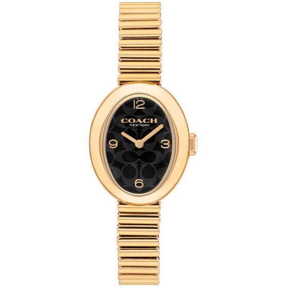 Coach Sammy Ladies. Gold Plated Case & stretch Bracelet. Black Sig C Dial.