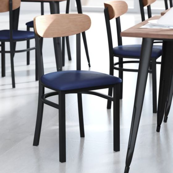 Commercial Metal Dining Chair - Vinyl Seat and Wood Boomerang Back-Blue/Natural