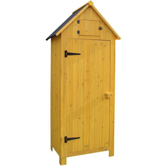 Outdoor Wooden Storage Shed with Pitched Roof, 3 Shelves and Locking Latch in Yellow 2.5 Ft. W x 1.7