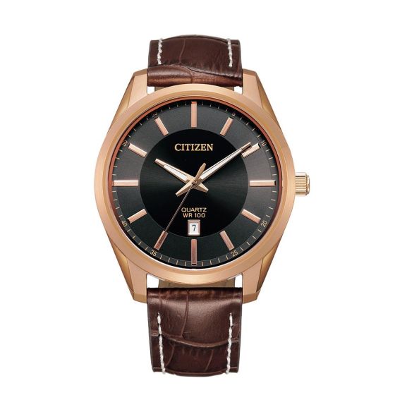 Men's Quartz Watch, Rose Gold-tone with Black Dial