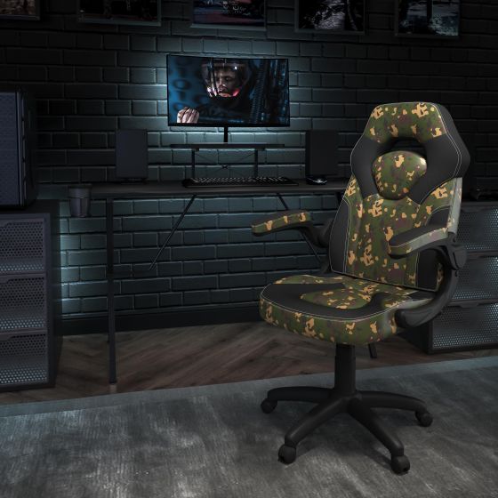 Black/Camo Gaming Desk Set with Cup Holder, Headphone Hook, and Monitor Stand