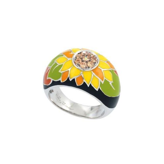 Belle Etoile Round Champagne Cubic Zirconia studded Sunflower Size-7 Ring  - 925 Sterling Silver