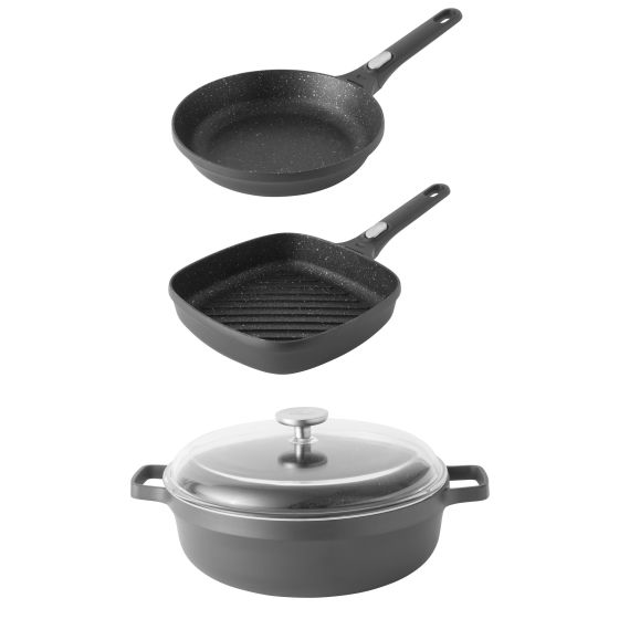 Gem 4pc Non-Stick Cast Aluminum Cookware Set, Fry Pan, G/P and Saute Pan
