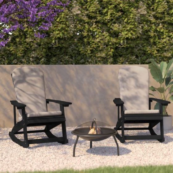 Indoor/Outdoor Black Rocking Adirondack Chairs with Cream Cushions - Set of 2