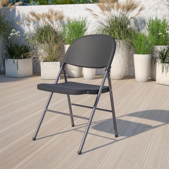330 lb. Capacity Black Plastic Folding Chair with Charcoal Frame - Event Chair