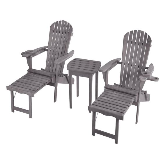 Oceanic Adirondack Chaise Lounge w/Ottoman & Beverage Holder, Set of 2 & End Table - Dark Gray