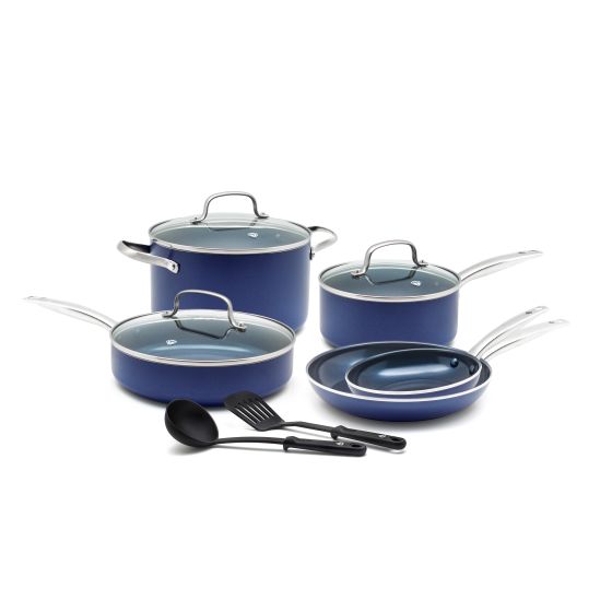 10pc Toxin Free Ceramic Nonstick Cookware Set Blue