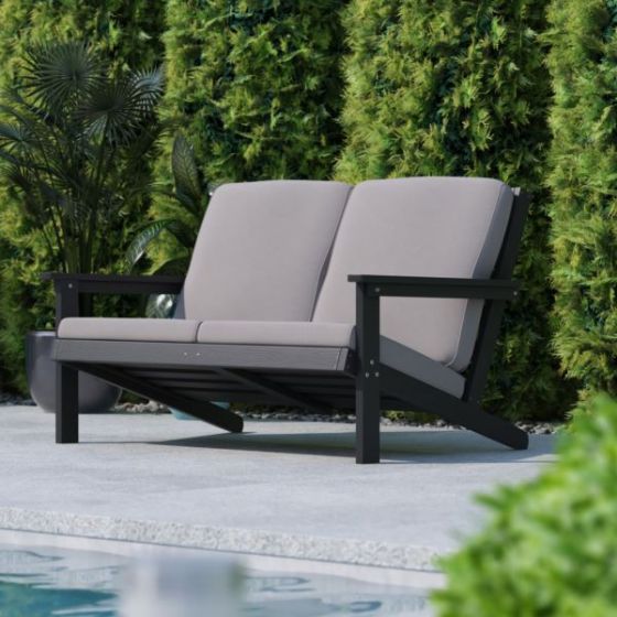 All-Weather Poly Resin Adirondack Loveseat & Cushions - Gray/Gray