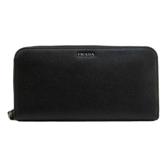 Prada Vitello Grain Long Black and Grey Zip Around Continental Wallet