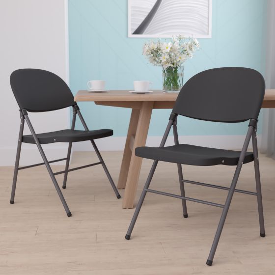 2PK 330 lb. Capacity Black Plastic Folding Chair - Charcoal Frame - Event Chair