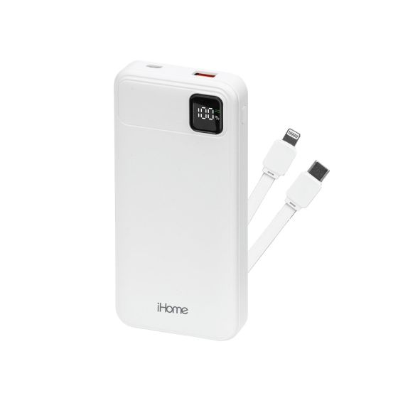 10000mAh 20W PD Portable Power Bank w/ Built-in Type-C & Lightning Cable White
