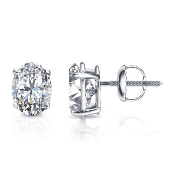Bright White Pinnacle Oval Lab Grown Diamond Screwback Stud in 14K White Gold 3.00ct, GH, VVS