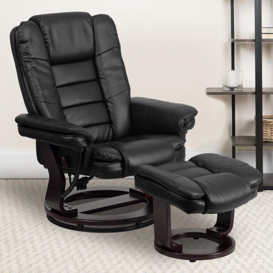 Black LeatherSoft Multi-Position Recliner &Ottoman w/Swivel Mahogany Wood Base