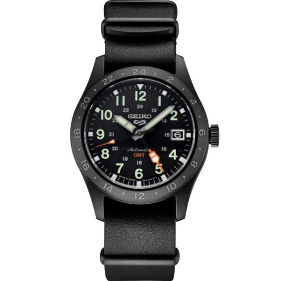 Seiko 5 Sports SS Blk Hrd Ct Automatic GMT Black Dial, Field Style, Black Leather Nato strap