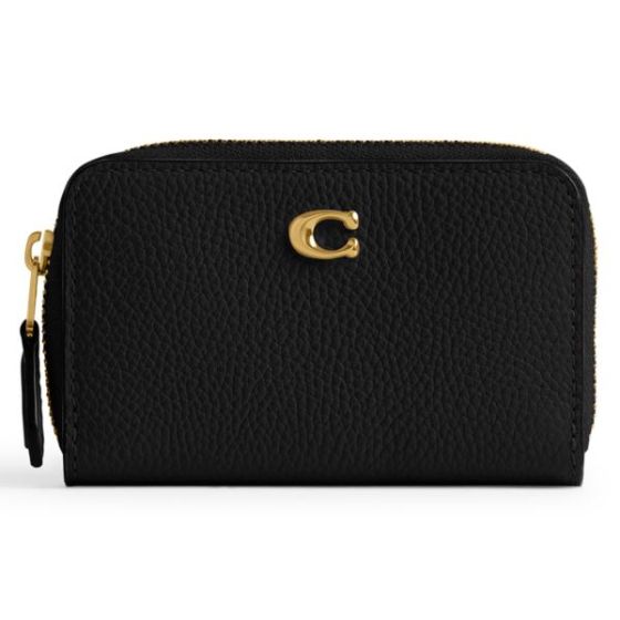 Polished Pebble Leather Essential Small Zip Around Card Case - Black/Brass