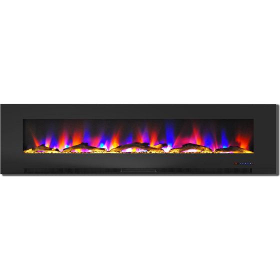 78 In. Wall-Mount Electric Fireplace in Black with Multi-Color Flames and Driftwood Log Display