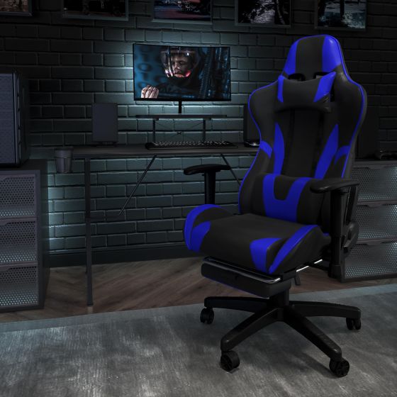 Racing Gaming Ergonomic Chair with Fully Reclining Back in Blue LeatherSoft