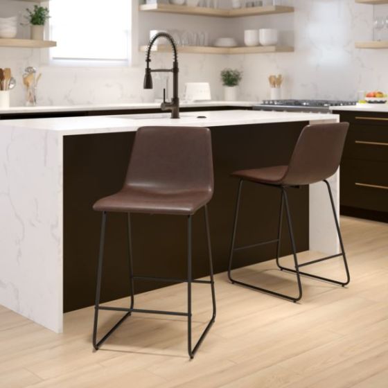 Set of 2 Kitchen Counter Height Stool - 24 Inch Light Gray LeatherSoft Barstool