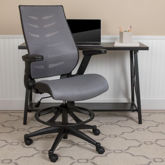 High Back Dark Gray Mesh Ergonomic Drafting Chair with Adjustable Flip-Up Arms