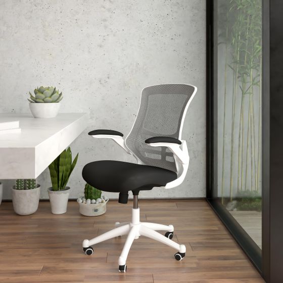 Mid-Back Black Mesh Ergonomic Task Office Chair, White Frame - Flip-Up Arms