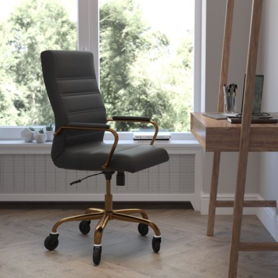 Executive Chair with Gold Frame & Arms on Skate Wheels - Black LeatherSoft