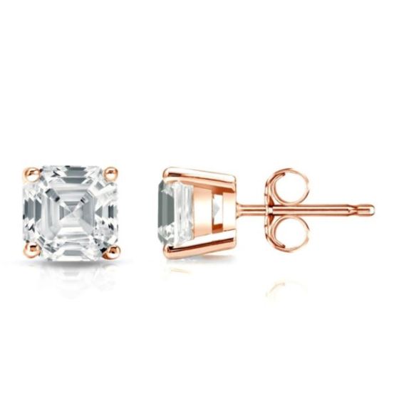 Bright White Pristine Asscher Lab Grown Diamond Stud in 14K Rose Gold 2.10ct, Color-GH,Clarity-VS