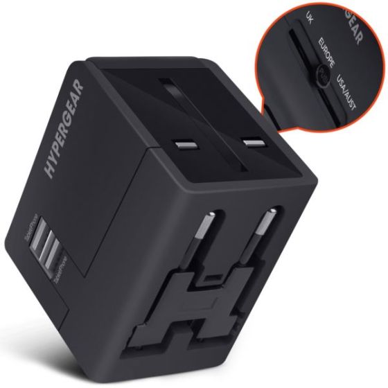 HyperGear All-in-One World Travel Adapter Black + USB ports