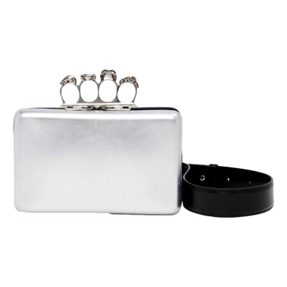 Alexander McQueen The Knuckle Silver Metallic Leather Zip Around Crossbody Bag Skull