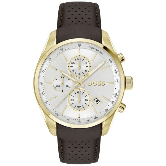 Boss Grand Prix 44 Chrono Gents. Driven like you. Inspired by the adrenaline-fueled world of racing, the Grand Prix 44 from BOSS Watches embodies the thrill of the open road. The silhouette of this chronograph timepiece with date function recalls the cont