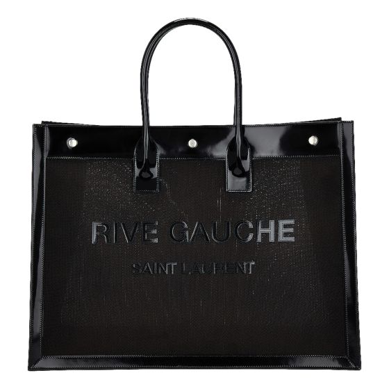 Saint Laurent Rive Gauche Large Tote Bag Black Nylon Leather Trim Silver Hardware