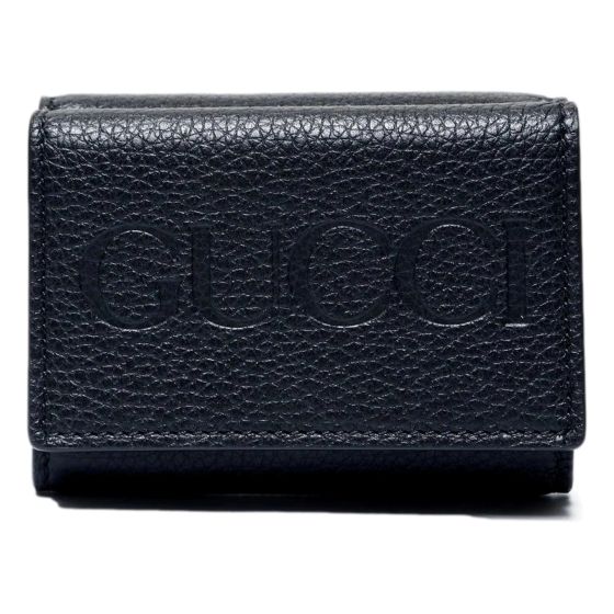 Gucci Embossed Logo Mini Tri-Fold Wallet Black Yellow Pebbled Leather