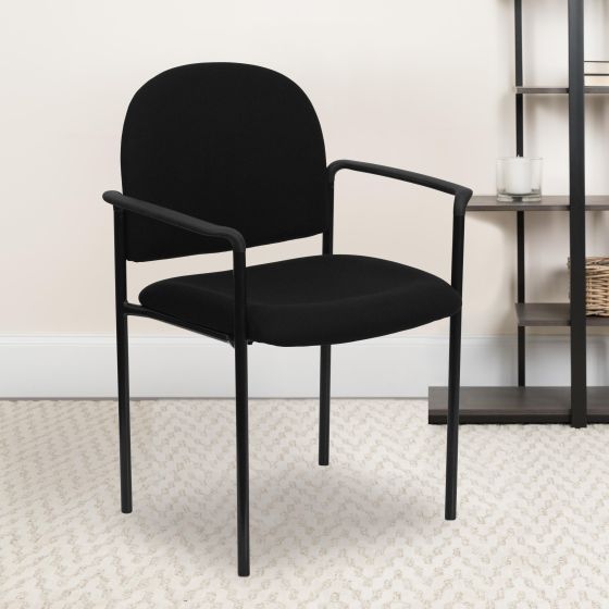 Comfort Black Fabric Stackable Steel Side Reception Chair w/ Arms - Guest Chair