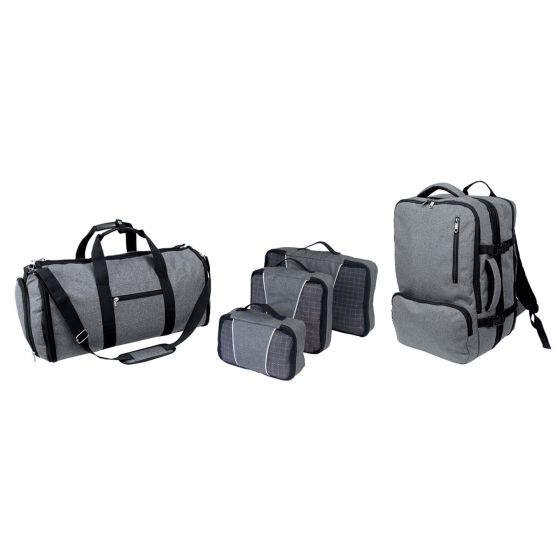 Heather Grey 5 Pc Set -  Multi-functional Backpack & Convertible Duffel /Garment Bag & Packing Cube