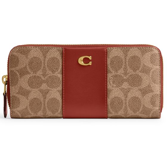 Coated Canvas Signature Slim Accordion Zip Wallet  Tan Rust/Brass