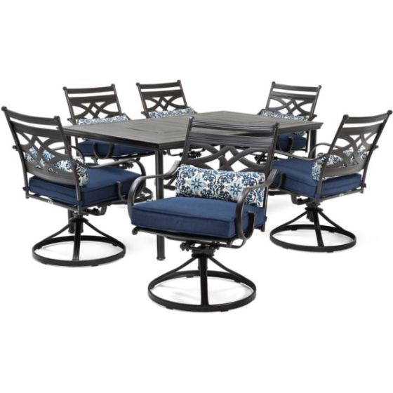 Montclair 7-Piece Dining Set in Navy Blue with 6 Swivel Rockers and a 40
