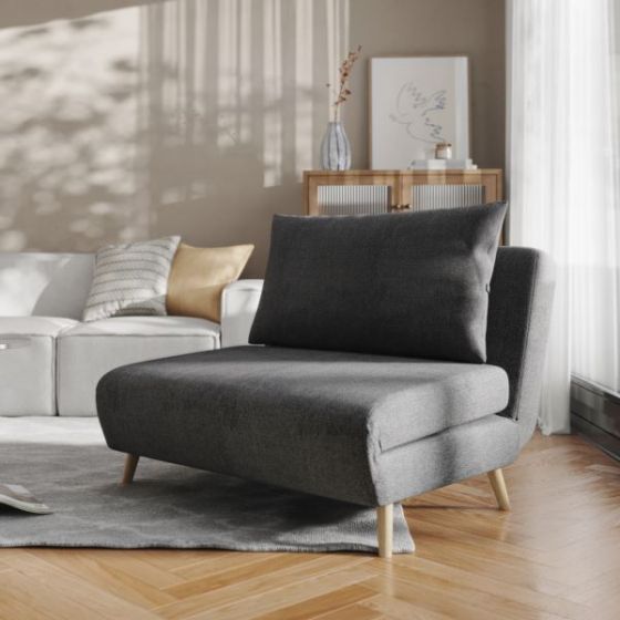 Convertible Tri-Fold Chair with Pillow and Hideaway Legs in Dark Gray Fabric