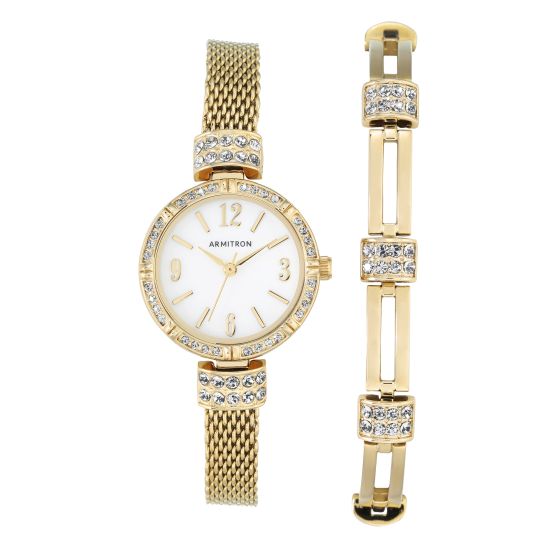 Women's Swarovski Crystal Accented Watch and Bracelet Set - Gold