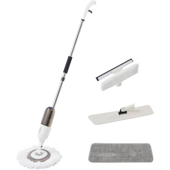 Clean Everywhere Spray Mop Kit with 360-Degree Swivel Head and Window Squeegee, White