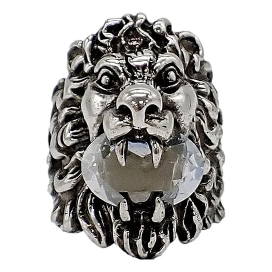 Gucci Lion Head Motif Silver Ring Crystal Size 10