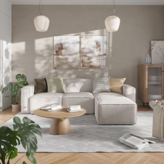 Contemporary 4 Piece Modular Sectional Sofa with Ottoman in Cream Fabric