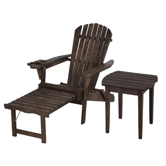 Oceanic Adirondack Chaise Lounge w/Ottoman & Beverage Holder & End Table - Dark Brown